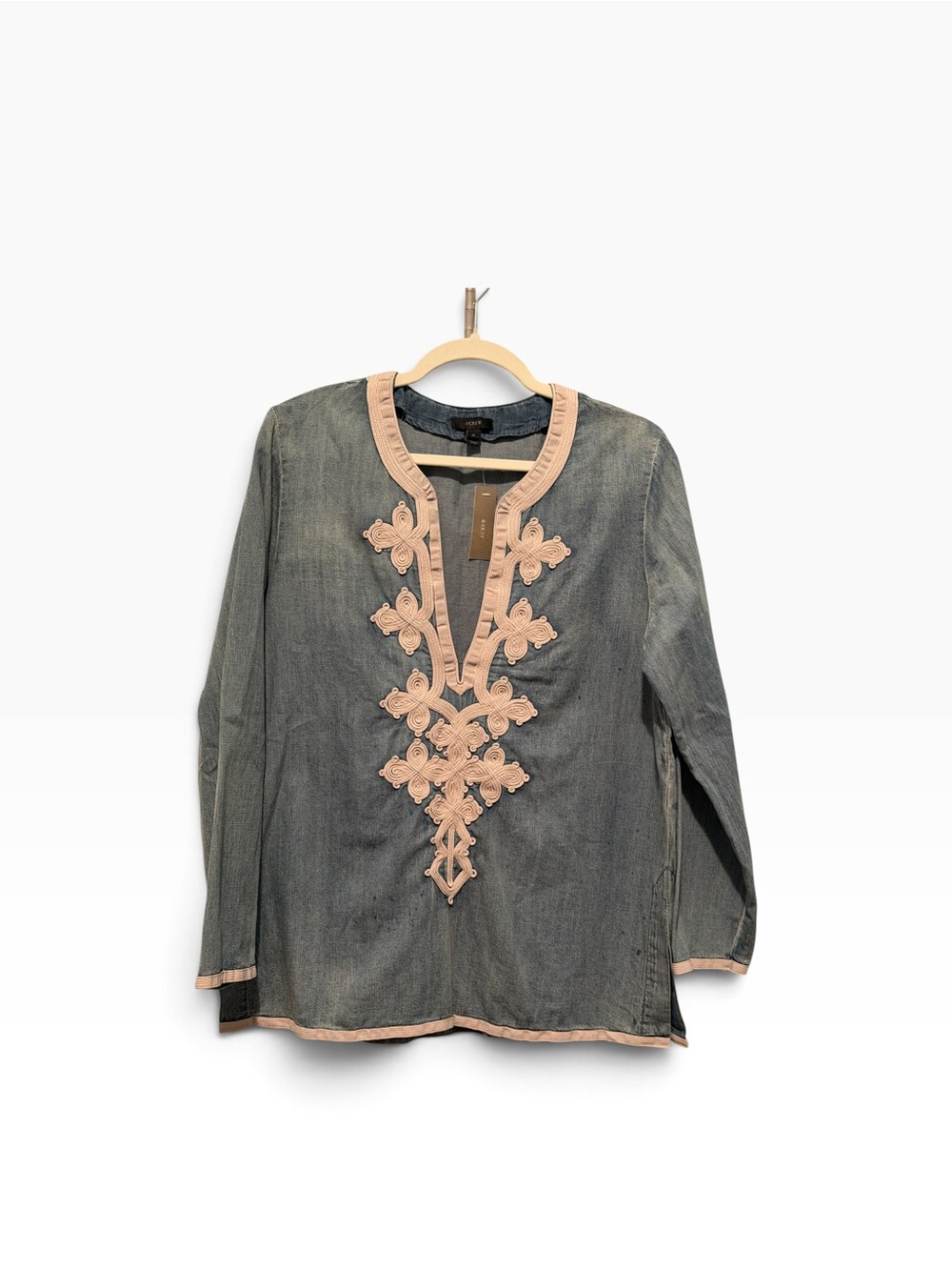 J. Crew Denim Chambray V-Neck Tunic with Cream Intricate Embroidery Size 12 NWT